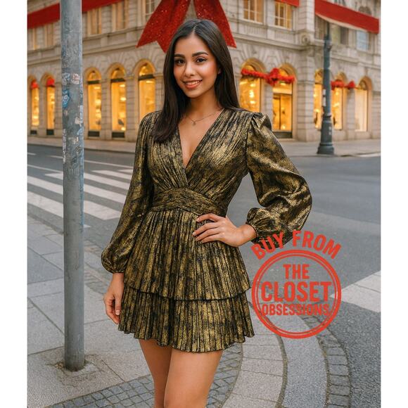 ZARA Metallic V-Neck Pleated Mini Dress NWT | Gold Long Sleeve (M) - Picture 2 of 16